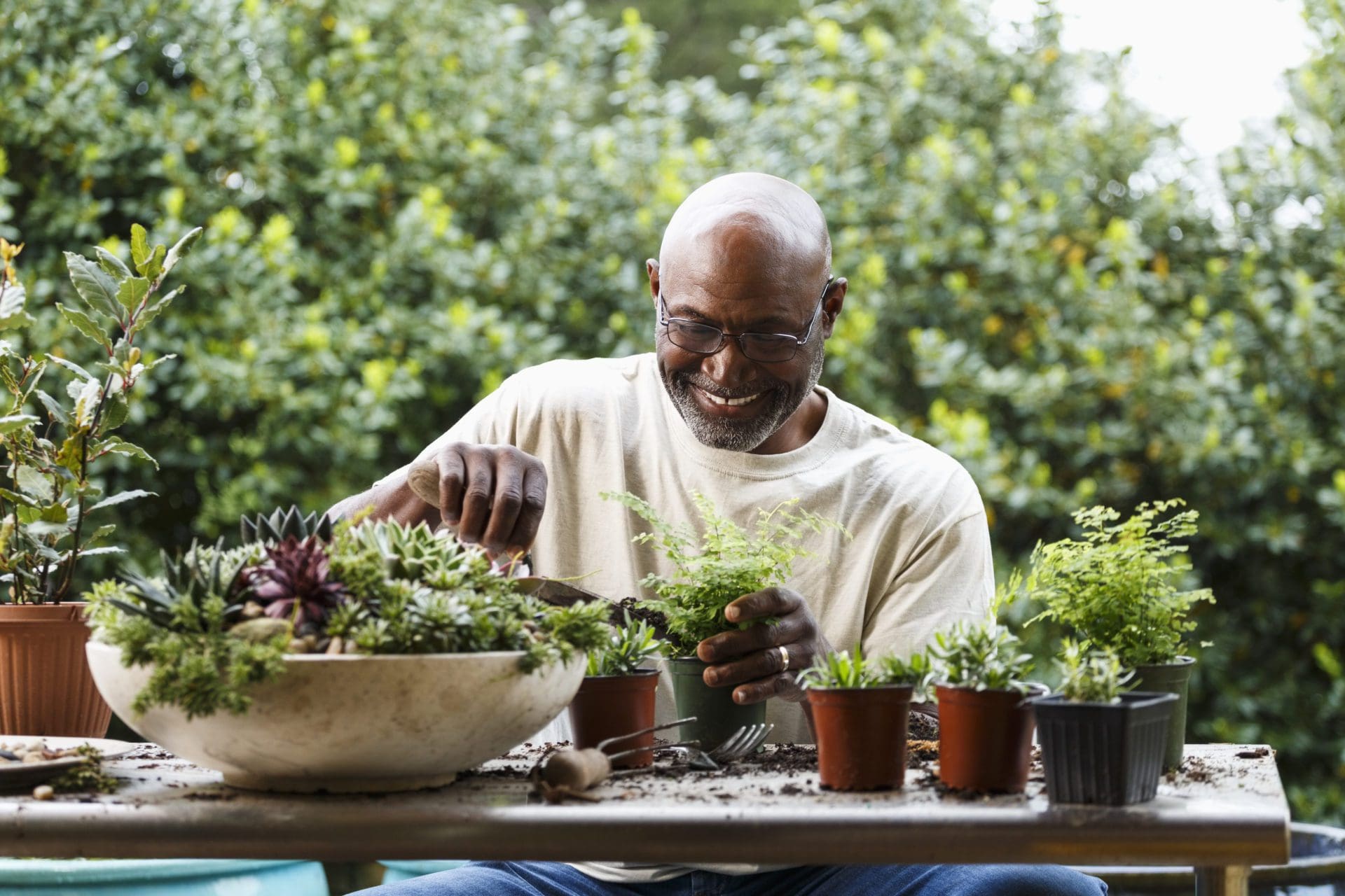 Elderly man potting plants